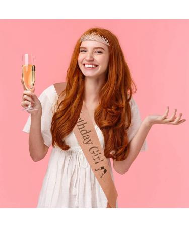 Personalized Birthday Sash & Crown Set for Women - Birthday Cake Toppers & Gift Kit - Rhinestone Hair Accessories - Rose Gold - Buy Online on SooperMarket.com