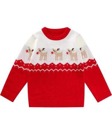 ESHOO Baby Boys Girls Christmas Deer Print Knitwear Pullover Sweater Boys Girls Xmas Jumper 3-4 Years Deer-red