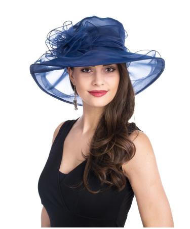 Lucky Leaf Women Kentucky Derby Church Cap Wide Brim Summer Sun Hat for Party Wedding Navy