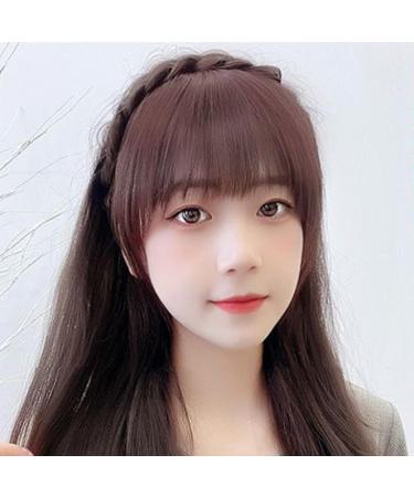 Fluffy Fake Hair Band Bangs Headband with Bangs Fluffy Front Fake Bangs Synthetic Braided Headband Wig with Bangs Non slip Headband Hair Extensions for Women Girls(Dark Brown) - Buy Online on SooperMarket.com