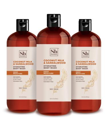 Soapbox Body Wash Coconut Milk & Sandalwood - Moisturizing Body Wash Cleanser w/Aloe Vera & Shea Butter | Paraben Free Gluten Free Cruelty Free & Vegan Body Wash 16oz Bottles (Pack of 3)