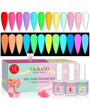 SAVILAND Glows in The Dark Gel Nail Polish Set - 12 Colors Luminous Neon Nail Gel Polish Set Soak off U V/LED Glow Effect Nail Polish for DIY Nail Art Design Valentines Day Gifts for Women 12 Colors Neon Glow In The Dark Set