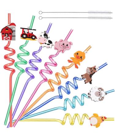16 Pieces Reusable Farm Plastic Straws Farm Animals Plastic Curly Drinking Straws Suitable for Family and Various Party Activities with 2 Pcs Cleaning Brushes (Farm)