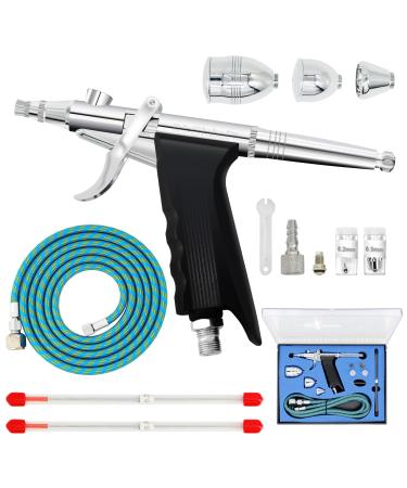 RJ-Global Double Action Airbrush Kit  Trigger Air Brush Spray Gun with 0.3  0.2  0.5mm Needles  3 Sets Nozzles  Air Cap  2cc/5cc/13cc Paint Cup  Air Hose  for Tattoo  Makeup  Nail  Model  Art Hobby