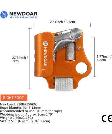 Newdoar Foot Ascender Riser - Climbing Device for 8-13mm Rope - Orange Left | Ideal for Tree Climbing Mountaineering & Roping - Buy Online on SooperMarket.com