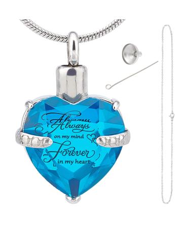 CREATCABIN Heart Cremation Urn Necklace for Ashes Birthstone Crystal Memorial Keepsake Pendant Deep Sky Blue