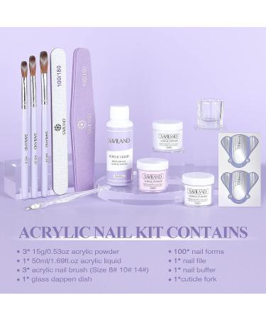 Saviland Acrylic Nail Kit for Beginners - 15g Clear/White/Pink Powder and Liquid Set with Nail Brush, Forms, and Dappen Dish - Easy to Use Starter Kit for Home DIY - Buy Online on SooperMarket.com