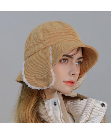 Corduroy Earmuff Bucket Hat with Ear Flaps and Chin Strap - Beige - Buy Online on SooperMarket.com