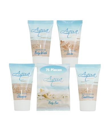 Aqua Organics Hotel Soaps and Toiletries Bulk Set | 1-Shoppe All-In-Kit Amenities for Hotels & Airbnb | 1oz Hotel Shampoo & Conditioner  Body Wash  Body Lotion & 1oz Bar Soap Travel Size | 75 Pieces