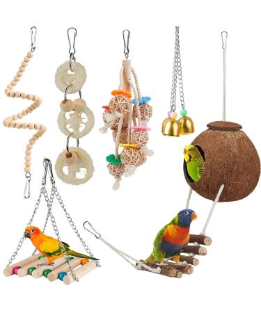 Bird Parakeet Toy Bird Cage Hammock Bird Perch Natural Coconut Hideaway with Ladder Swing Chewing Hanging Bell Toy with Mirror for Parrots,Parakeet,Conure,Cockatiel,Budgerigar,Love Birds,Mynah,Finches