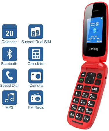 USHINING GSM Senior Flip Phone - Large Button Emergency Call 1.77 Color Display - No Contract - Red - Buy Online on SooperMarket.com