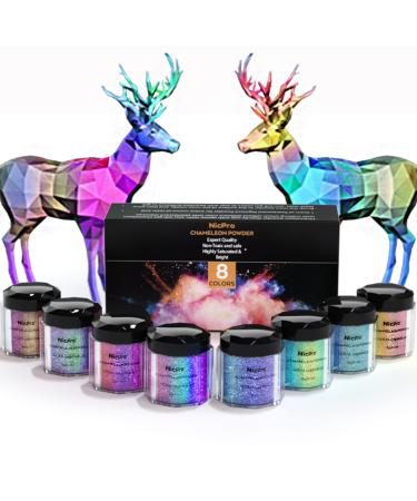 Nicpro 8 Color Chameleon Powder Pigment Set, Updated Mica Powder for Epoxy Resin, Soap Making, Candle Making, Bath Bombs, Slime, Flakes Eyeshadow, Nail Art, Christmas Makeup (0.17 oz/jar) 8 colors