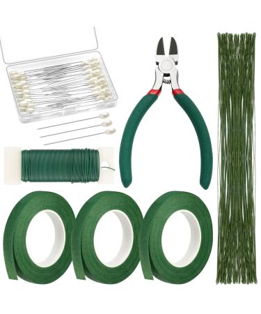 PAXCOO Floral Tape and Floral Wire  Floral Arrangement Kit with Green Floral Tape and Floral Wire  Boutonniere Flower pin  Wire Cutter for Wreath Making Supplies