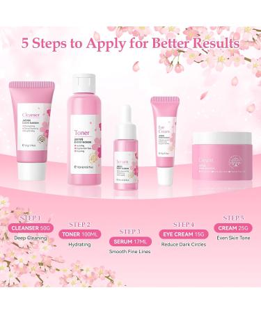 Cherry Blossom Skin Care Set for Teen Girls | 5-Piece Kit with Cleanser Toner Serum Eye & Facial Cream - Perfect Gift for Women - Buy Online on SooperMarket.com