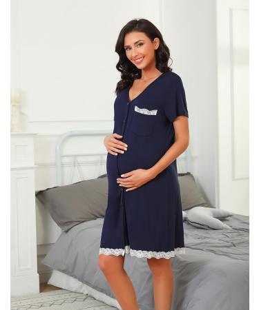Uniexcosm Maternity Nursing Nightdress - Short Sleeve Button Down Nightgown in Dark Blue Stripe | Soft and Comfortable Maternity Pyjamas and Nightshirt for Women - Buy Online on SooperMarket.com