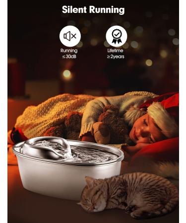 WOPET Stainless Steel Cat Water Fountain 67oz/2L - Silent Pet Drinking Fountain with Filter for Dogs, Cats, Birds, Small Animals - Buy Online on SooperMarket.com