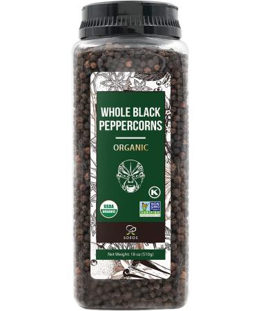 Soeos Organic Black Peppercorns 18 oz (510g), Non-GMO Certified, USDA Organic, BPA Free Package, Kosher, Grade AAA, Freshly Packed to Keep Peppers Fresh, Safe, and Better Taste, Black Peppercorns for Grinder Refill, Organi