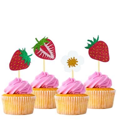 Mulukaya 24Pcs Glitter Strawberry Cupcake Toppers Treat Cake Picks for Fruit Theme Berry Baby Birthday Wedding Party Decorations Supplies