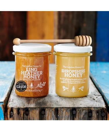 The London Honey Company - British Honey Duo (250g x 2 Jars) + Wooden Dipper - British Ling Heather & Shropshire Creamed - Pure British Raw Honey - Unpasteurised - All Natural - Honey Gift Sets