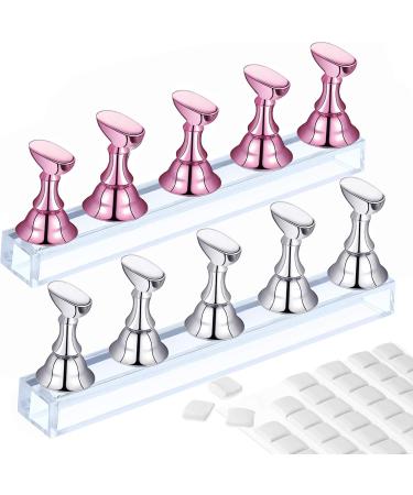 2 Set Acrylic Nail Practice Stand Magnetic Nail Tip Art Display Stand Holder Manicure Tool with Reusable Adhesive Putty Clay for Home Salon Makeup (MetalPink and Silver)