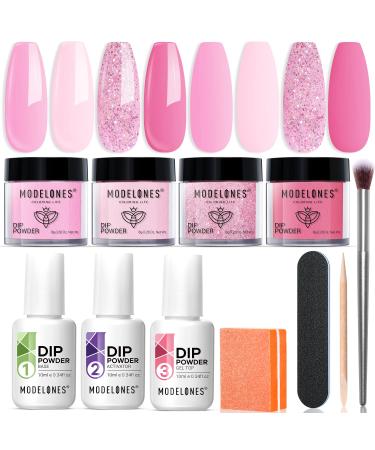 Modelones Dip Powder Nail Kit Starter 4 Colors Light Hot Pink Glitter Dipping Powder Essential Liquid Set with Base Top Coat Activator French Nail Art Beginner Manicure DIY Salon Mother's Day Gift