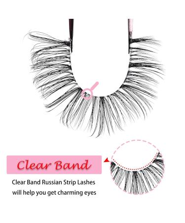 Russian Strip Lashes with Clear Band - D Curl Cat-Eye 12mm Wispy False Eyelashes | 14 Pairs | Heracks - Buy Online on SooperMarket.com