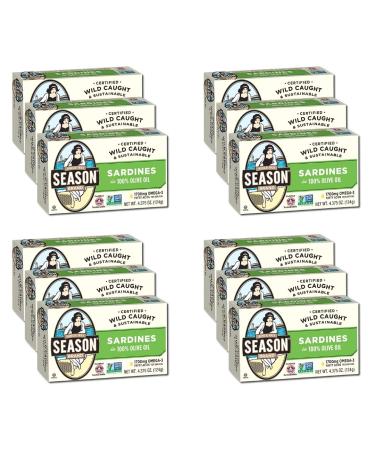 Season Sardines in Olive Oil | Gluten Free, Keto, Paleo, Kosher, Non-GMO, Omega-3 Fatty Acids, Sugar Free, Salt Added | Certified Wild Caught & Sustainable Fresh Fish | 4.375 oz (Pack of 12)
