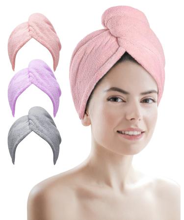 Microfibre Hair Towel 3 Pack Super Absorbent Hair Towel Wrap with Button Design. Extremely Soft Hair Wrap Towel Traveling Beach Excursions Sports Grey/Pink/Purple Microfibre Towel