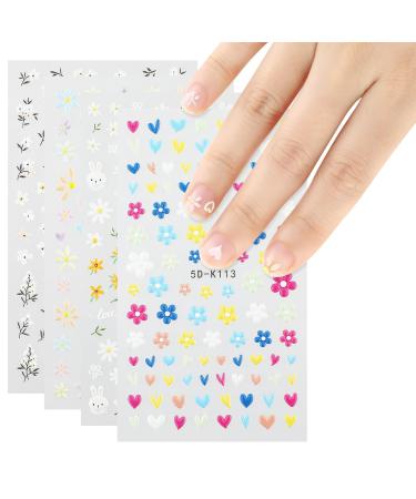 Lusofie Flower Nail Stickers 5D Embossed Nail Art Stickers Colorful Nail Flower Stickers Nail Decals Nail Stickers for Nail Art Self Adhesive Nail Supplies for Women Girls