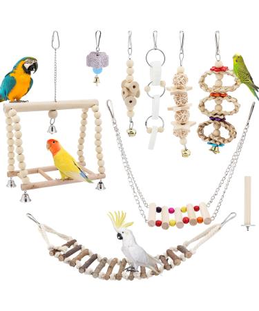 Seahelms 8Pcs Parrot Toys Birds Budgie Cage Toys Cockatiel Bird Chewing Natural Wood Hammock Hanging Bell Bird Cage Swing Toys for Cockatiel Finches Small Parakeets Budgie and Macaws (log)