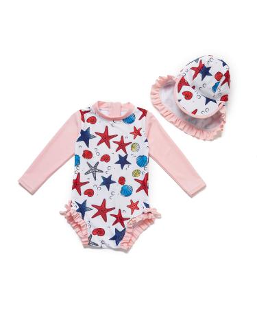 BONVERANO Baby Girls Swimsuit Toddler Bathing Suit Long-Sleeve Zipper One Piece Swimwear with UPF 50+ Sun Protection 18-24 Months Pink Starfish