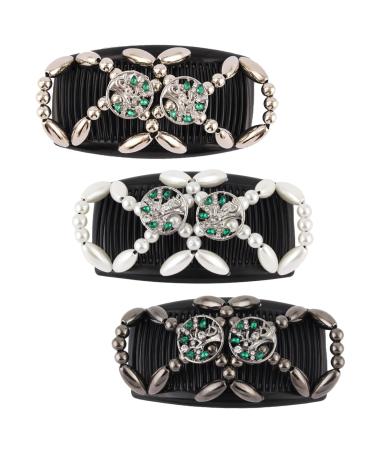 Kytpyi Hair Slides for Women Hair Combs Slides for Women 3PCS Double Clip Magic Elastic Beaded Hair Combs Double Sided Clips Hair Comb for Women Girls DIY Hairstyling Hair Accessories (Tree)