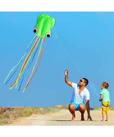 Hengda Kite Pack: 3 Colors Easy Flyer Octopus Kite for Kids - Large 31 Wide with Long Tail - Beach or Park Fun - Red, Green, Blue - Buy Online on SooperMarket.com