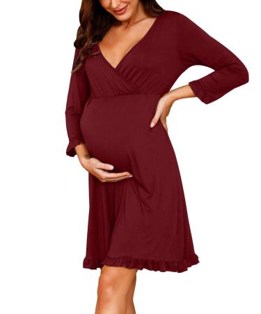 Bresdk Women's Maternity Nightdress Nightwear Long Sleeve Breastfeeding Nightgown Loungwear Pyjamas Pregnant Red Long Sleeve L