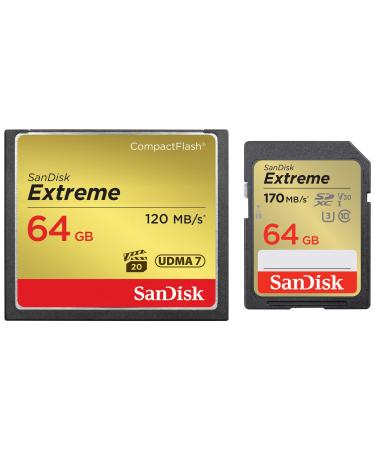 SanDisk 64GB Extreme CompactFlash Memory Card UDMA 7 Speed Up to 120MB/s - SDCFXSB-064G-G46 & 64GB Extreme SDXC UHS-I Memory Card - C10 U3 V30 4K UHD SD Card - SDSDXV2-064G-GNCIN 1 Count (Pack of 1) Memory Card + 64GB Memory Card
