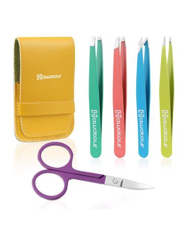 Tweezers Set, 4Pcs Eyebrows Tweezers and a Pair of Scissor with Leather Case, Great Precision for Eyebrow, Ingrown Hair, Splinter, Facial Hair Removal By HAWATOUR - Multi-Color 5 Count (with Scissor) Multi-color