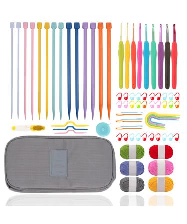 QLRFFLJOY 75 pcs Knitting Kits for Beginners, Yarn Knitting Starter Kit Single Pointed Knitting Needles Colorful Crochet Hooks Set DIY Yarn Weaving Tool Scarf Sweaters Crochet Kit