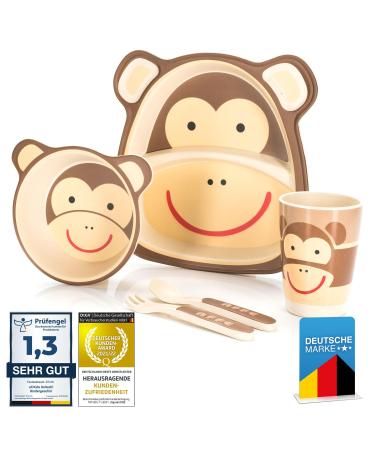 All Kids United children's dishes made of plastic 5-part dishes set with animal motifs Cup bowl plate spoon & fork for children (monkey)