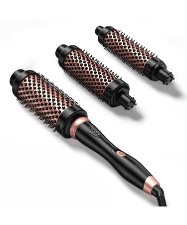 FARERY Thermal Brush Set 3 in 1 Ceramic Curling Wand Thermal Round Brush for Blowout Look Fast Heating Brush 3 Interchangeable Hair Brush Curling Iron for All Hair Dual Voltage