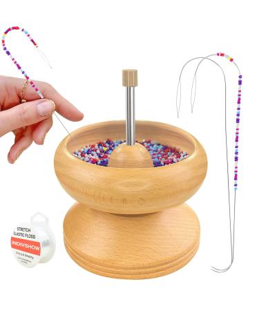 INDIVSHOW The 4.33" Large Wooden Bead Bowl Spinner Kit Includes Elastic Thread, Curved Needles,Needle Threader for Bracelet Jewelry Making