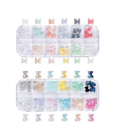 3D Nail Charms 2 Boxes Clear Aurora Butterfly Teddy Bear Nail Art Charms Nail Rhinestones and Gems for Nail Art Decoration DIY Crafts (D)