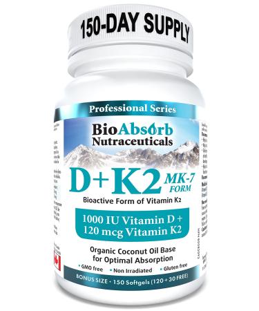 Vitamin D3 1000 IU + Vitamin K2 MK-7 (120 mcg). 150-Day Supply Of Vitamin D3 K2. Organic Coconut Oil Base For Optimal Absorption of K2 D3 Vitamin Supplement (150 Softgels of Vitamin D K2)