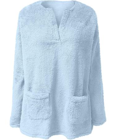 AMhomely Women's Plus Size Double Fleece Hooded Jumper - Soft Teddy Fleece, V Neck, Winter Lounge Wear - Blue L - Buy Online on SooperMarket.com