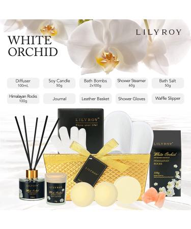 White Orchid Spa Gift Basket for Women - 18Pcs Birthday Gift Set with Diffuser, Shower Steamer, Himalayan Rocks, Jojoba Oil, Scented Candle & Golden Basket - Ideal Gifts for Her - Buy Online on SooperMarket.com