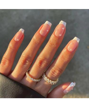 MISUD Short Press on Nails  Glossy Square Fake Nails  Squoval False Nails  French Tip Nails  White Glue on Nails with Designs Pearl Acrylic Nails with Glue for Women and Girls 24Pcs 002-CCC