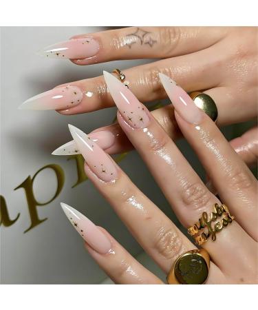 Almond Press on Nails Long Stiletto Fake Nails Pink Ombre Acrylic False Nails with Designs Gold Star Glossy Artificial Nails Summer Nail Press ons Natural Cute Stick on Nails for Women 24Pcs Stiletto Style-CJ02-12