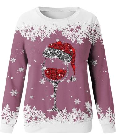 Women's Christmas Sweatshirt with Cute Snowman and Penguin Print | O-Neck Raglan Top Shirt | Comfy and Warm Xmas Jumper | Winter Long Sleeve Tunic Sweater in Hot Pink - Buy Online on SooperMarket.com