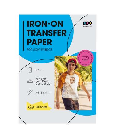 PPD Inkjet Premium Iron-On White and Light Colored T Shirt Transfers Paper LTR 8.5x11 Pack of 20 Sheets (PPD001-20)