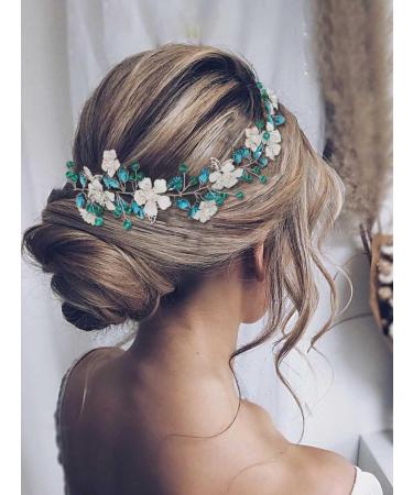 IYOU Flower Wedding Hair Vines Blue Crystal Bride Headband Leaf Guest Bridesmaid Hair Accessories for Women