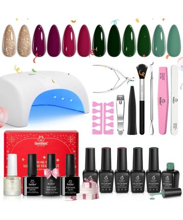 Beetles Gel Nail Polish Kit with UV Light Base Top Coat 6 Colors Emerald Green Red Gold Glitter Fall Gel Nail Polish Starter Kit Soak off Gel Polish DIY Home Manicure Kit Gifts for Women 0-1-Pink Confetti